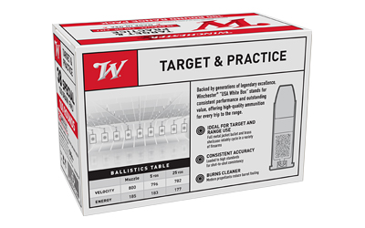 Winchester target practice ammo box with specs displayed.