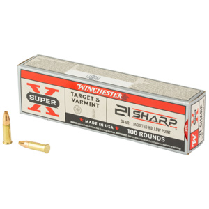 Winchester .22 LR ammunition box and bullets.