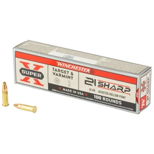 Winchester .22 LR ammunition box and bullets.
