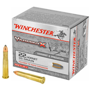 Winchester Varmint X .22 Hornet ammo box and cartridges