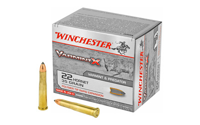 Winchester Varmint X .22 Hornet ammo box and cartridges