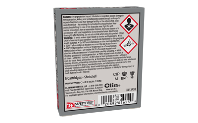 Back of Winchester ammunition box with hazard symbols