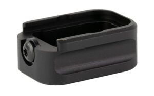 Black metal pistol magazine base plate extension