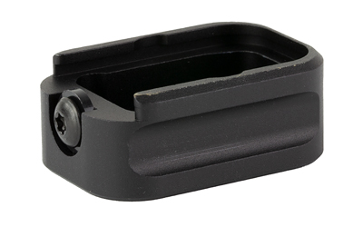 Black metal pistol magazine base plate extension