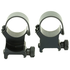 Two black rifle scope mounts on white background.