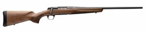 Bolt-action rifle with wooden stock on white background