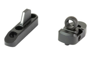 Two black metal mounting components on white background