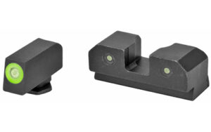 Black firearm sights with green fiber optic dots
