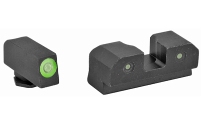 Black pistol front and rear sights with green dots