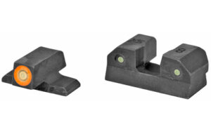 Black pistol iron sights with orange and green dots