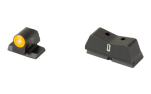 Black pistol front and rear iron sights
