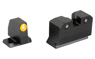 Black pistol front and rear iron sights