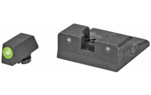 Black pistol front and rear iron sights