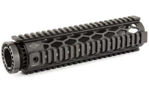 Black tactical rifle handguard with quad rails