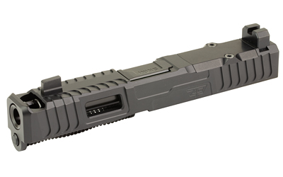 Tactical gun slide with rails and sights.