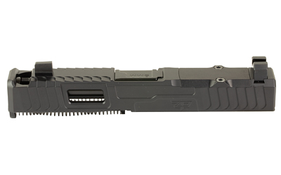 Black pistol slide with serrated edges