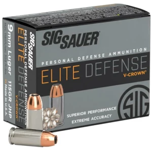 Sig Elite V-Crown Handgun Ammunition 9mm Luger 115 gr JHP 1185 fps 20/ct