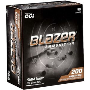 CCI Blazer Brass Handgun Ammunition 9mm Luger 115gr FMJ 1145 fps 200/ct