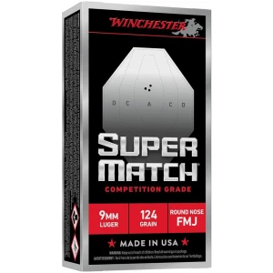 Winchester Super Match Handgun Ammunition 9mm Luger 124gr FMJ 1140fps 50/ct