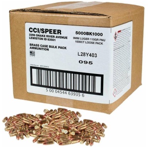 CCI Blazer Brass Handgun Ammunition 9mm Luger 115gr FMJ 1145 fps 1000/ct Loose Bulk Pack
