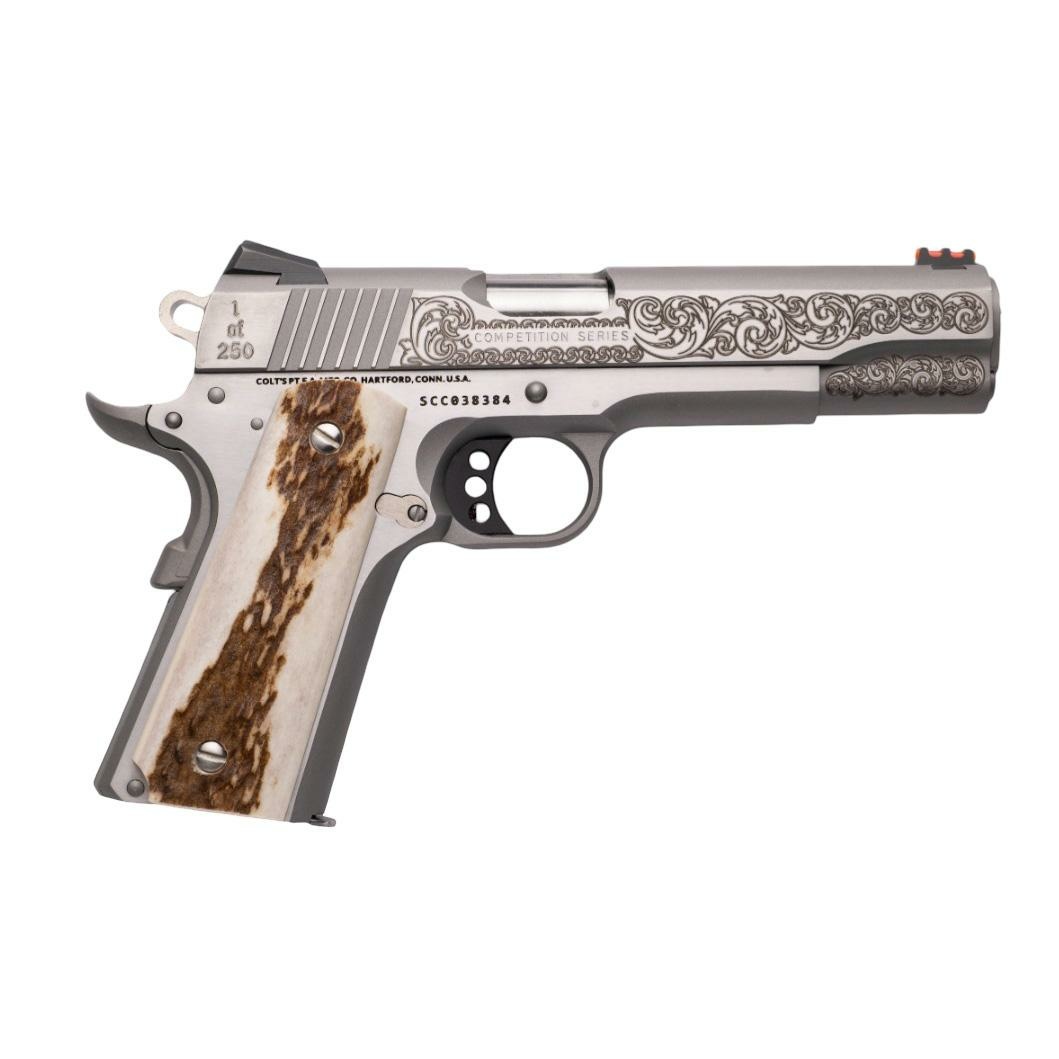 Colt Government Custom Engraved Competition Handgun .45 Auto 7rd Magazine 5" Barrel Stainless Finish Fiber Sight Stag Grips