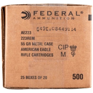 Federal Ammo American Eagle Rifle Ammunition .223 Rem 55 gr FMJ 3240 fps 500/rd Case
