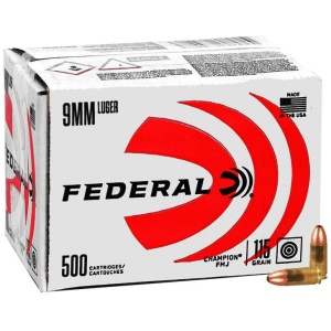 Federal Champion Training Handgun Ammunition 9mm Luger 115 gr FMJ 1125fps 500/ct (Bulk)
