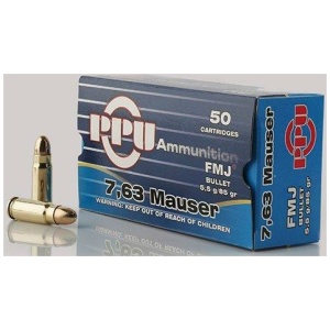 PPU Handgun Ammunition 7.63mm Mauser 85 gr FMJ 1510 fps 50/ct
