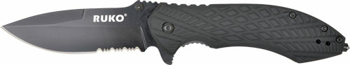 RUKO FOLDER SERRATED 3.25" - BLACK HANDLE CLAMSHELL