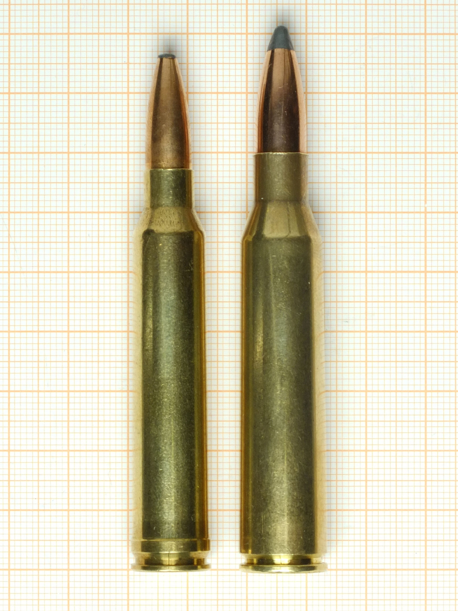 Side-by-side comparison of .300 Winchester Magnum and .338 Lapua Magnum cartridges