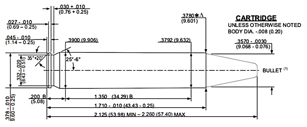 Technical drawing of the .350 Legend cartridge dimensions