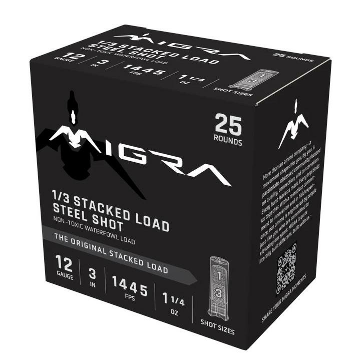 Migra Waterfowl Steel Stacked Load Shotshell 12ga 3" 1-1/4oz 1445 fps #1 & #3 25/ct